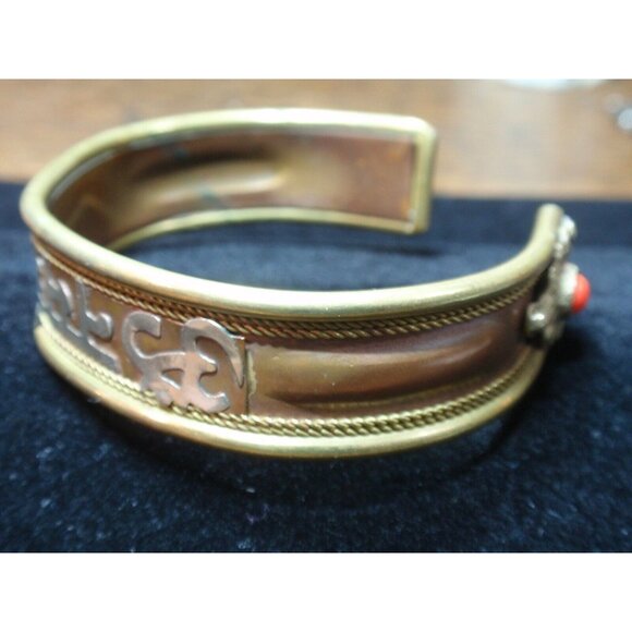 MidEastern Mixed Metal Cuff Bracelet with Inlaid Scripting  MidEastern Mixed Metal Cuff Bracelet with Inlaid Scripting and Orange Stones